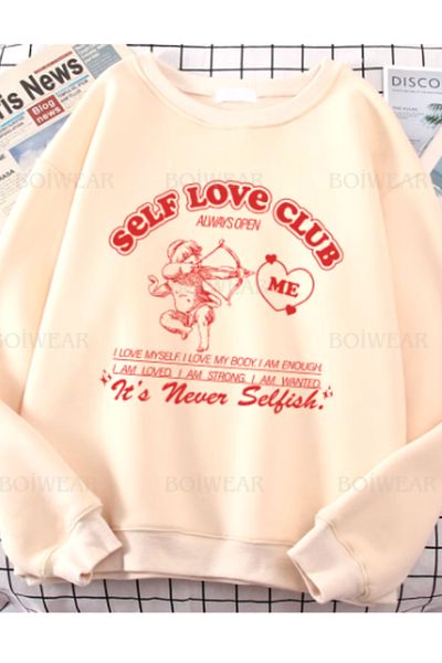 Boi Γυναικείο φούτερ Self Love Club με στάμπα με 3 κλωστές - Μαύρο λευκό και γκρι μπλε ναυτικό μεγάλο με κουκούλα