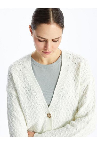 LC Waikiki LCWAIKIKI Basic V-Neck Self-Patterned Long Sleeve Women's Knitwear Cardigan