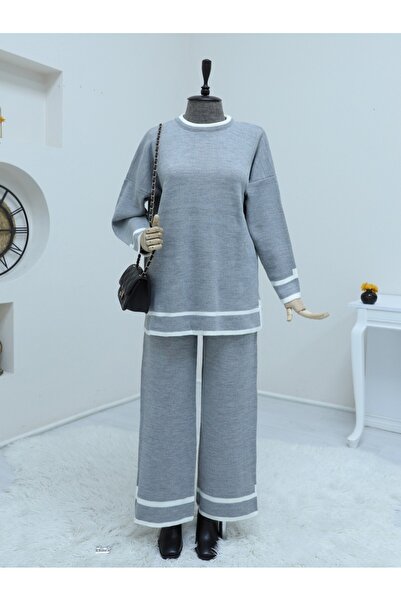 Modamorfo Double Knitwear Set with Cuffs and Stripes - Gray