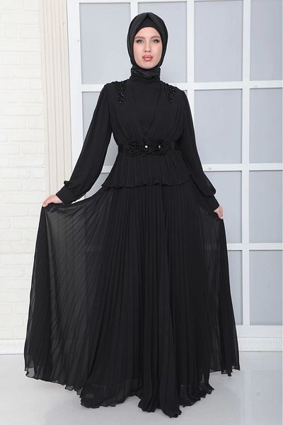 lodmela Pleated Hijab Evening Dress - Shoulder and Belt Detail, Black 816