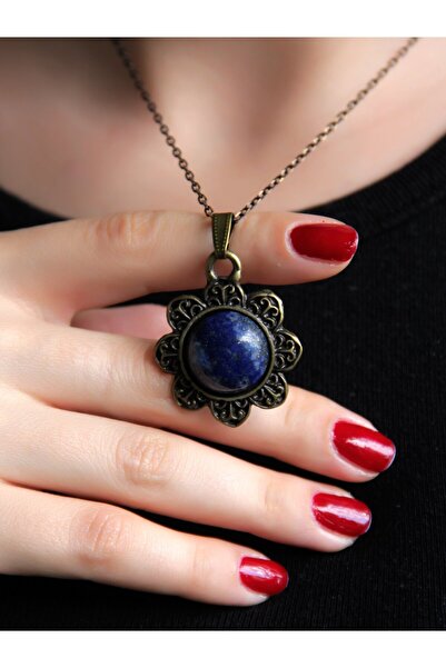 esha قلادة نسائية أصلية منقوشة بحجر اللازورد الطبيعي مع سلسلة 45 سم euk17lps