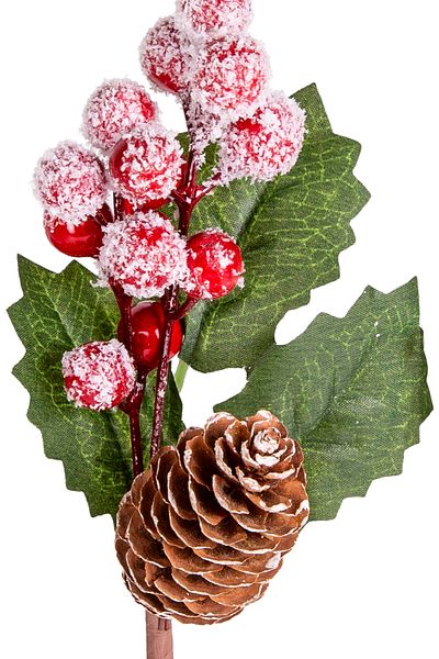 Herdekora New Year's Flower - Pique, with Snowy Berry and Cone, Red-Green, 28 cm