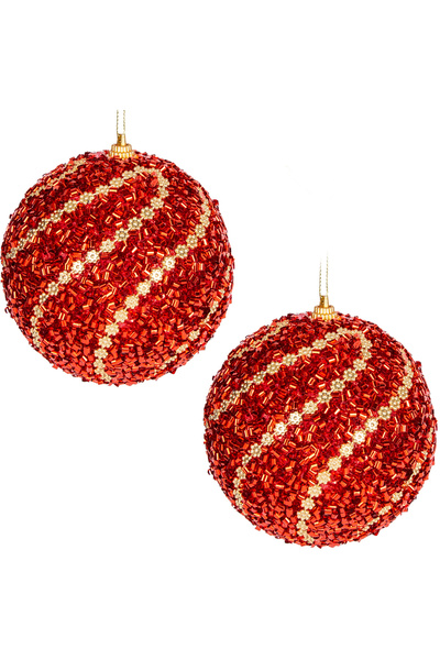 Herdekora Minge de Anul Nou cu dungi aurii, margele rosii, detaliu cu paiete, pachet de 2 rosu 9 cm.