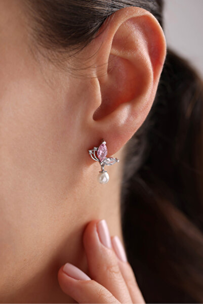 Nereze 925 Ayar Gümüş Rodyum Kaplama Incili Pembe Taşlı Kelebek Küpe