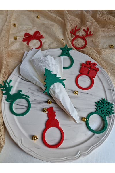 Butik Hobby Cafe New Year's Themed 8-Piece Red-Green Color Napkin Ring-Ring (Hard Plastic)
