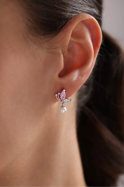 Nereze 925 Ayar Gümüş Rodyum Kaplama Incili Pembe Taşlı Kelebek Küpe