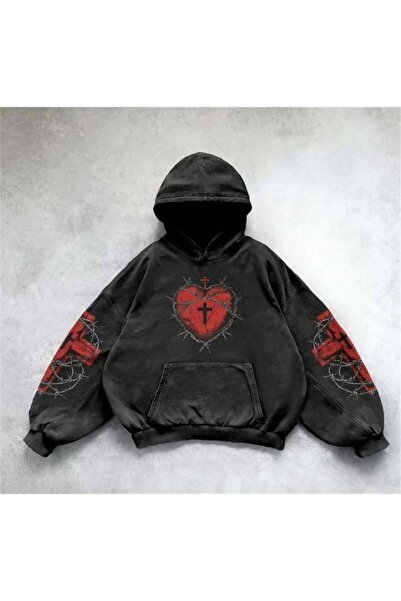 Köstebek Gothic Hearth Cross Kolları Baskılı Kapüşonlu Sweatshirt
