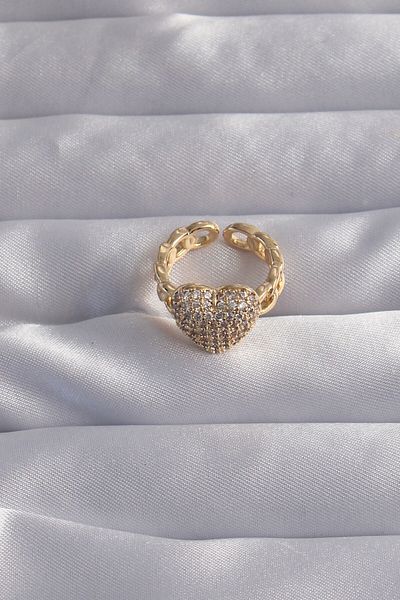 Skygo Gold Colored Brass Adjustable Zircon Stone Curved Heart Ring - Tj-Byk3281
