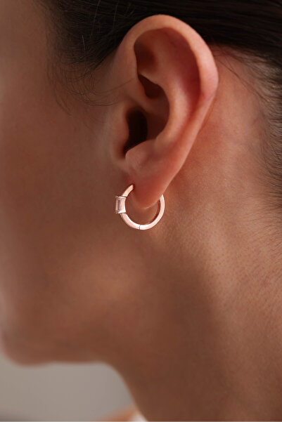 Nereze 925 Ayar Gümüş Rose Kaplama 15 Mm Halka Tektaş Baget Küpe