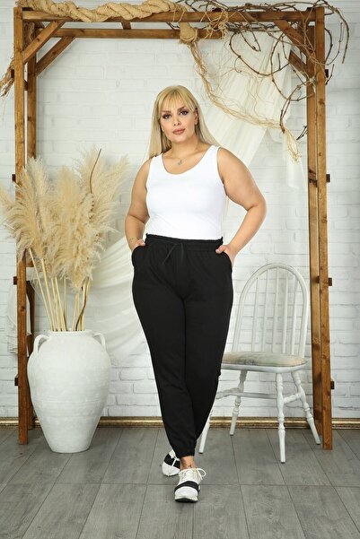 EYAX MODA Women's Black Elastic Waist Plus Size Sweatpants with Pockets
