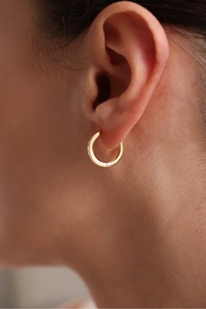 Nereze 925 Ayar Gümüş Gold Kaplama Zirkon Taşlı 15 Mm Halka Küpe