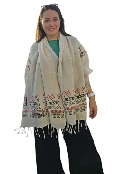 leillART Krem Renk Geleneksel Desenli El Yapımı Buldan Keteni Şal