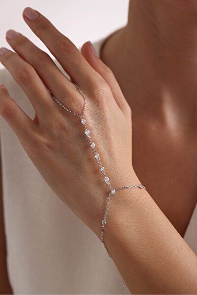 Nereze 925 Ayar Gümüş Rodyum Kaplama Beyaz Damla Taşlı Şahmeran Bileklik