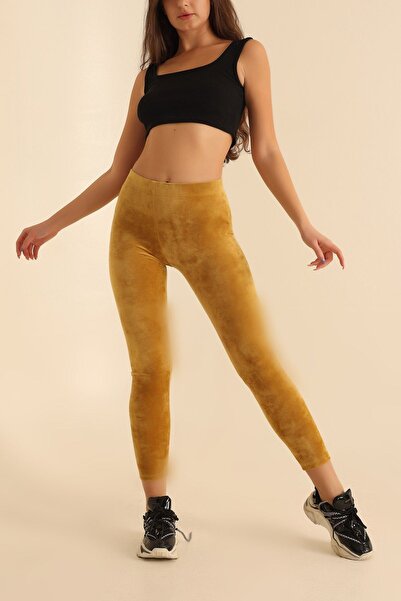 KAŞİHA Hardal Beli Lastikli Full Esnek Kadife Tayt 90 Cm