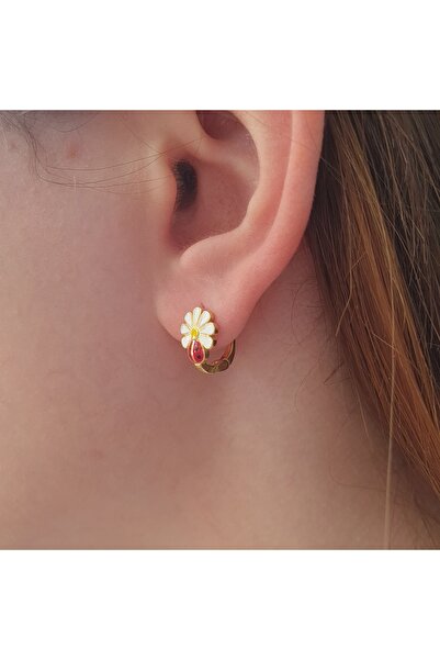 MAGRİB 925 ayar gümüş klipsli mineli papatyalı ve kırmızı uğur böcekli gümüş çocuk küpesi