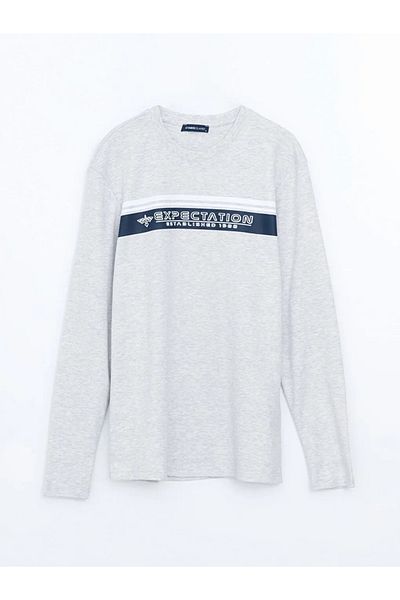 LC Waikiki Classic Stone Color Melange Crew Neck Long Sleeve Printed Men's T-Shirt