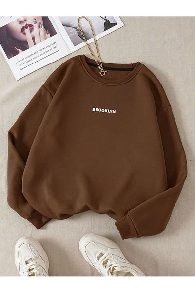 MODARİCH Φούτερ Brooklyn Minimal Oversize - Καφέ εμπριμέ, ανυψωμένη λαιμόκοψη