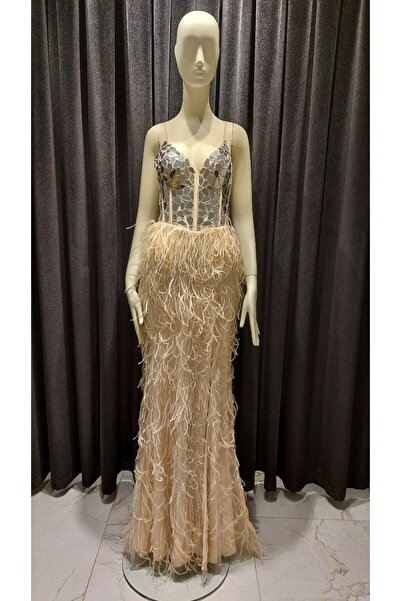 Hanımefendi Giyim İp Askı İşlemeli Otrişli Sırtı Biritli Yırtmaçlı Abiye Elbise