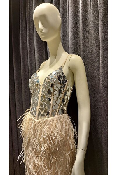 Hanımefendi Giyim İp Askı İşlemeli Otrişli Sırtı Biritli Yırtmaçlı Abiye Elbise