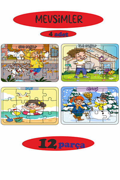 ASE DİZAYN Ahşap eğitici puzzle (yapboz) 12 parça 4 adet mevsimler