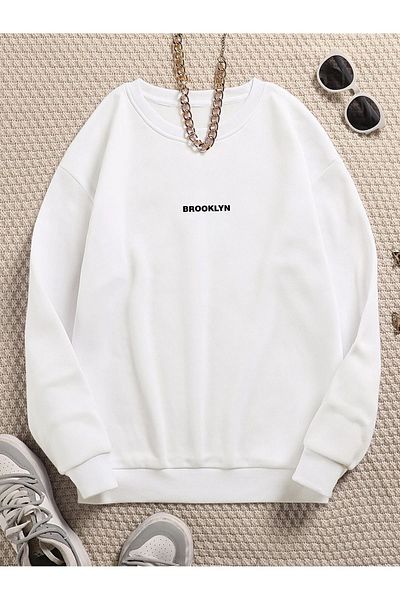 MODARİCH Φούτερ Brooklyn Minimal Oversize - Λευκό εμπριμέ, υψηλή λαιμόκοψη