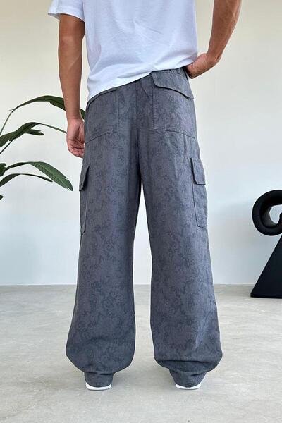 HAFKAGİYİM Antrasit Desenli Cep Nakış Detay Kargo Baggy Pantolon