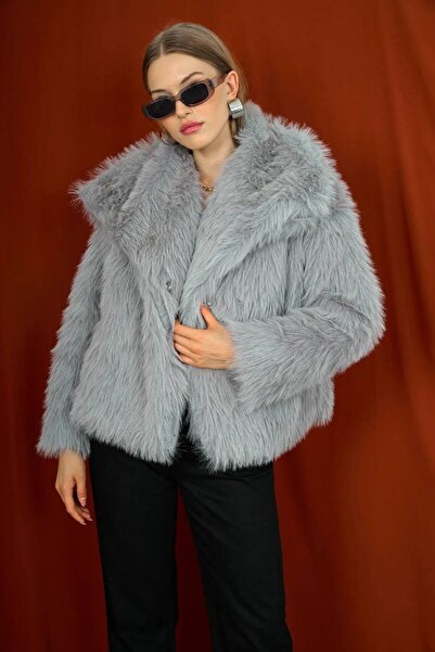 Esr Moda Jachetă de blană gri premium la două piept - guler șal, căptușită, h...