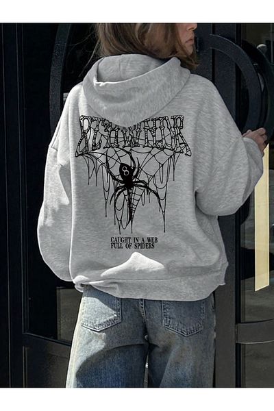 MODARİCH Γκρι φούτερ με κουκούλα Oversize - Full Of Spiders Printed