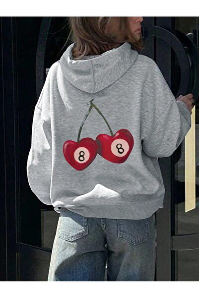 Mythologie Kiraz 8 Sweatshirt - Gray Printed Oversize Hooded Sweatshirt