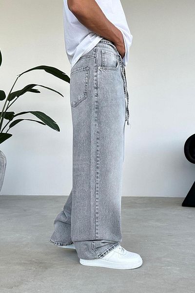 HAFKAGİYİM Gray Basic Extra Loose Baggy Pants with Belt