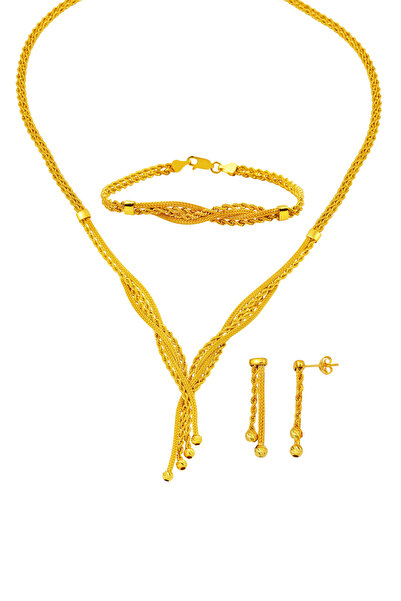 Bilezikci Örgü Zincir Taşsız Altın Takı Seti