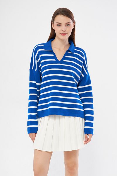 brako tekstil Pulover oversize tricot cu dungi cu gât polo de damă