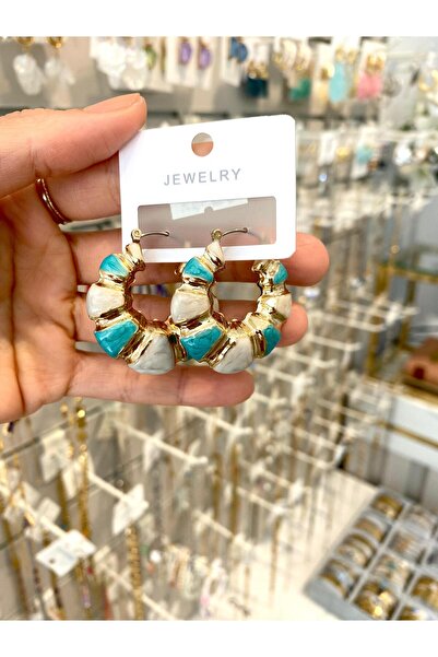 Lilyum Aksesuar Mavi Renkli Mineli Boğumlu Hafif Halka Küpe