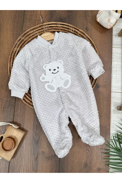 bebicix Plush Teddy Bear Embroidered Booties Snap Fastener Winter Baby Boy Jumpsuit