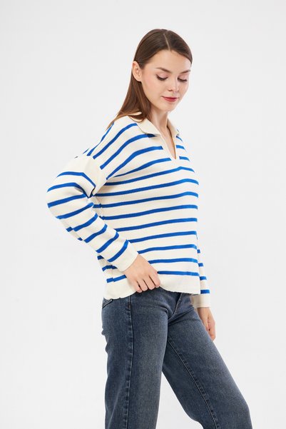 Generic Brand Women's Polo Neck Striped Oversize Knitwear Sweater