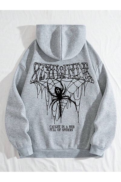 MODARİCH Γκρι φούτερ με κουκούλα Oversize - Full Of Spiders Printed