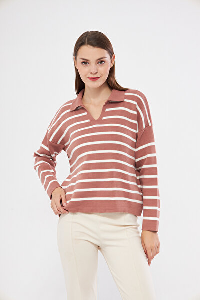 brako tekstil Pulover oversize tricot cu dungi cu gât polo de damă