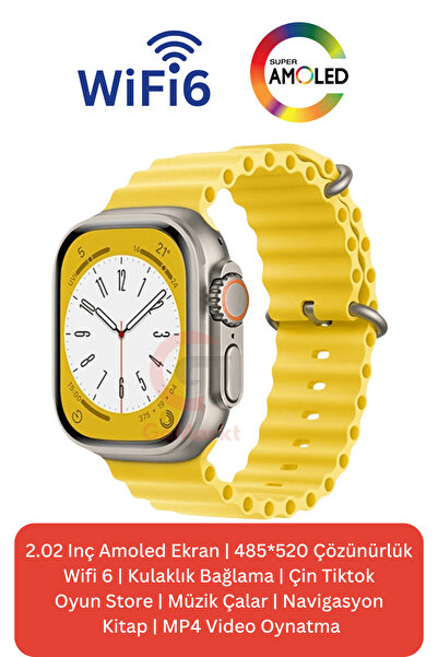 GoMarkt HK10 Ultra 3 Wifi Versiyon 49mm Gümüş Kasa Sarı Kordon Akıllı Saat Ko...