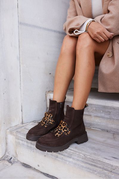 ANGELİNA JONES Babbo Women's Brown Suede Leopard Garnish Leather Boots