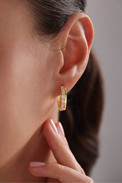 Nereze 925 Ayar Gümüş Gold Kaplama 20 Mm Halka Baget Taşlı Küpe