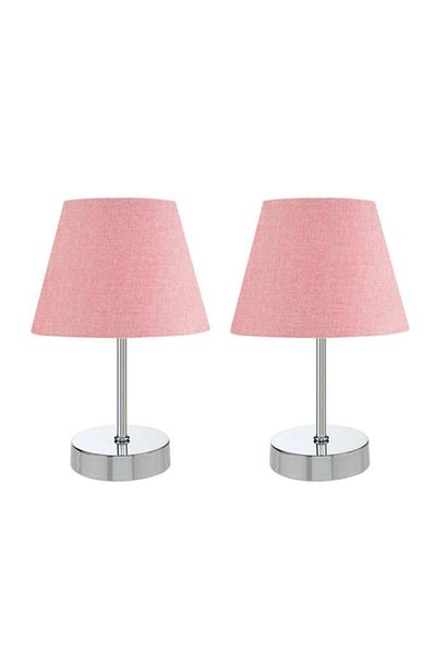 Art&Gift Metal Leg Double Lampshade Table Lamp Chrome Set Pink Fabric