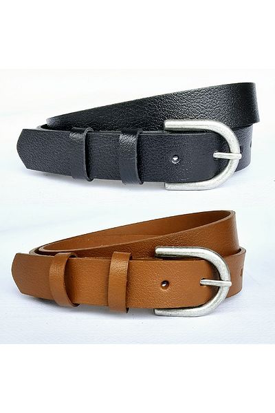 Kemerix 100% Genuine Leather Tin Plated Buckle Black-Tan 2-Piece Belt Set