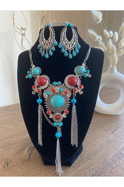 Store Cleopatra Turquoise Red Stone Embroidered Retro Style Necklace Earring Set