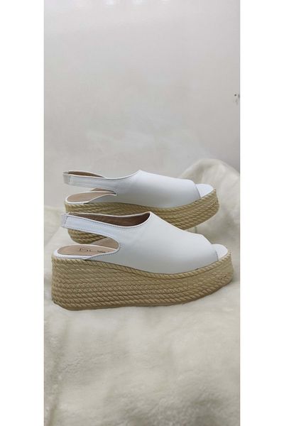 ÇİĞDEM KUNDURA White Crocus Leather Wedge Heel Sandals - Elastic Back