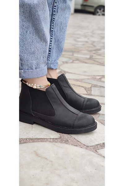 ÇİĞDEM KUNDURA Genuine Black Nubuck Leather Double Side Elastic Ankle Length Crocus Boots - B9