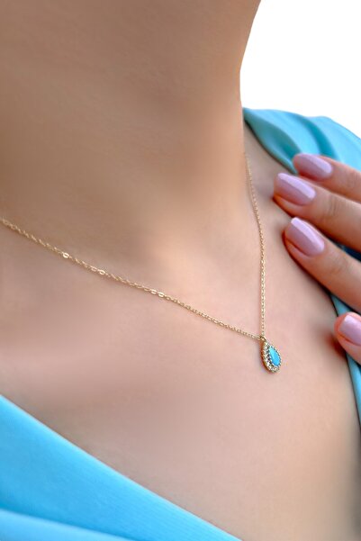 Altınaşkı Firuze Taşlı Damla Hayalet Altın Kolye