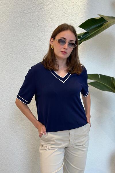 novon Premium Contrast V-Neck Short Sleeve Mercerized Knitwear (Size Range of 34 - 44)