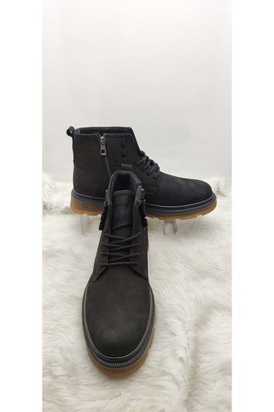 ÇİĞDEM KUNDURA Çiğdem Black Real Nubuck Leather Side Zippered, Tied Sports Model Boots (2207)
