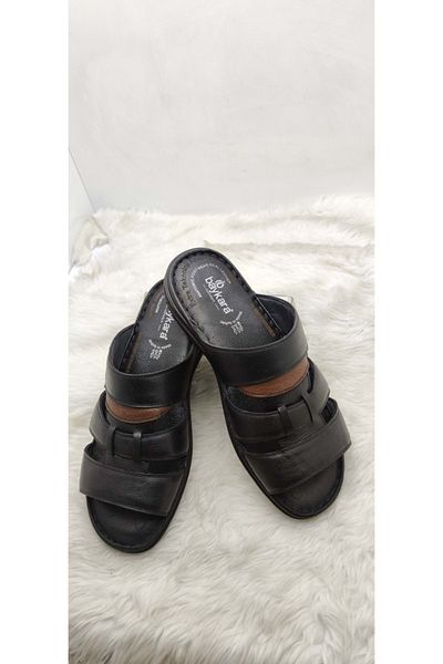 ÇİĞDEM KUNDURA Orthopedic Large Size Slippers - Çiğdem Real Leather, Black-Brown