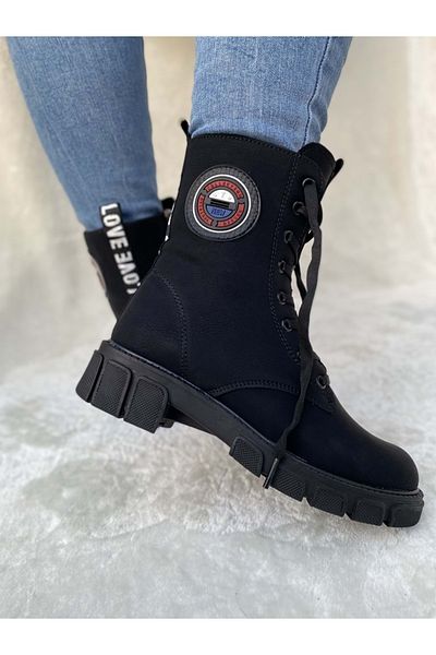 ÇİĞDEM KUNDURA Çiğdem Black Boots with Side Zipper and Front Tie and Emblem (TWINGO 7255)